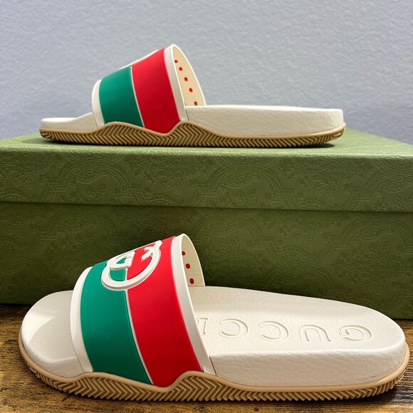 Authentic Gucci Agrado Slide Sandal CREAM RED GREEN Men's Size 7US 655461 - Picture 1 of 9